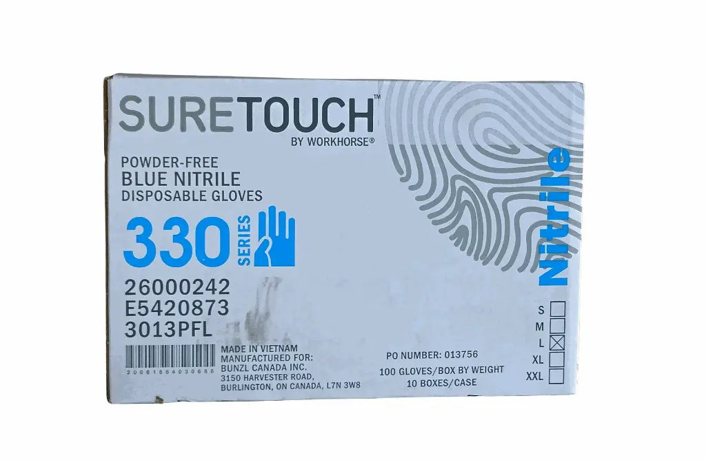 Sure Touch Nitrile Gloves – Large, Blue, 330 Series, 4 mil, Powder-Free,10Box/Case