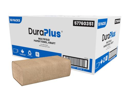 DuraPlus® Multifold Hand Towel, Kraft, 16 Packs/Case, 250 Sheets/Pack