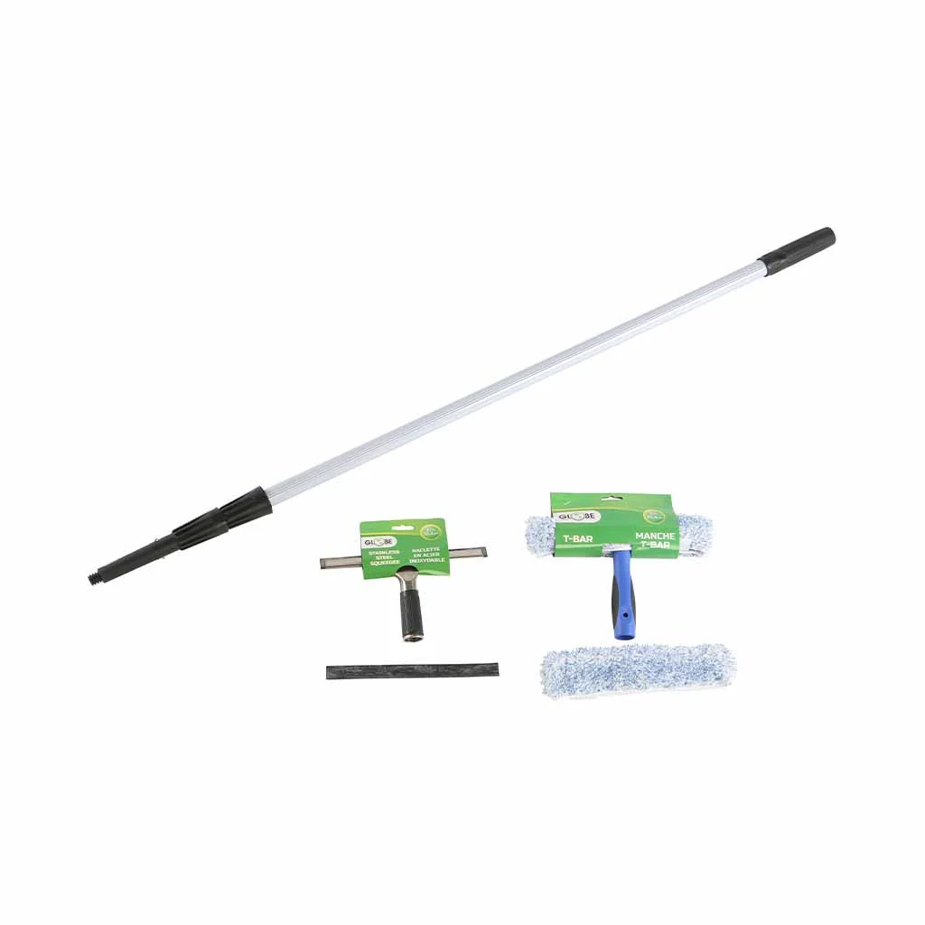 [4467] Window Care Kit - 14"L / Assorted (Includes: Stainless Steel Squeegee, T-Bar, Microfiber Washing Sleeve, Replacement Microfiber Sleeve and 12 ft Extension Pole)